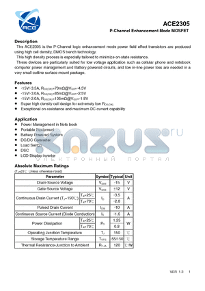 ACE2305 datasheet - P-Channel Enhancement Mode MOSFET