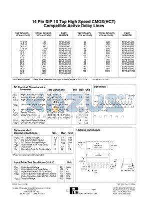 EPA540-225 datasheet - 14 Pin DIP 10 Tap High Speed CMOS(HCT) Compatible Active Delay Lines