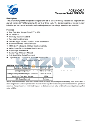 ACE24C02ADPUH datasheet - Two-wire Serial EEPROM