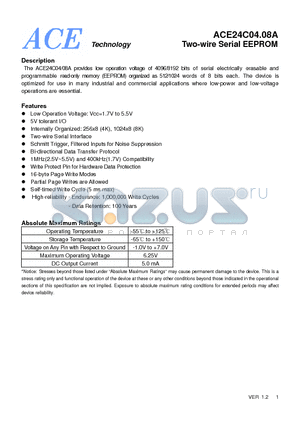 ACE24C04/08ATMTH datasheet - Two-wire Serial EEPROM