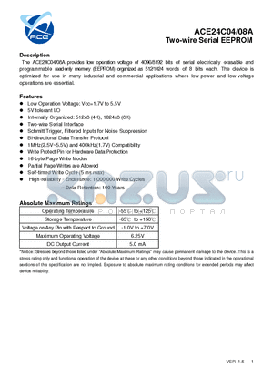 ACE24C04A datasheet - Two-wire Serial EEPROM