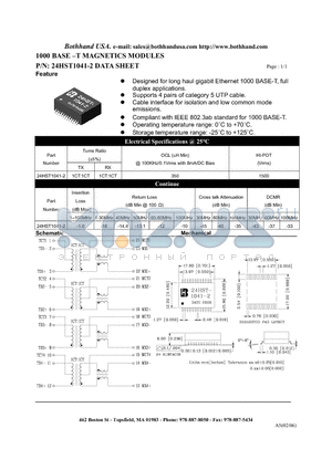 24HST1041-2 datasheet - 1000 BASE -T MAGNETICS MODULES