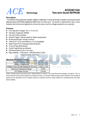 ACE24C16AFMUH datasheet - Two-wire Serial EEPROM