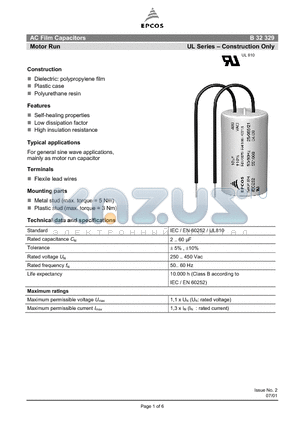 B32329-C1805 datasheet - AC Film Capacitors Motor Run UL Series - Construction Only