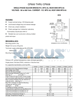 CP600 datasheet - SINGLE-PHASE SILICON BRIDGE-P.C. MTG 3A, HEAR-SINK MTG 6A