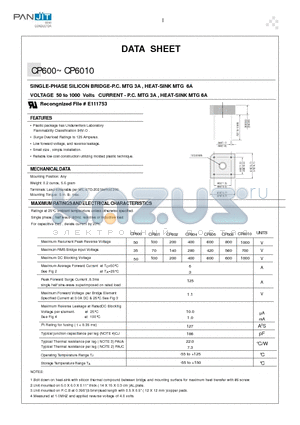 CP602 datasheet - VOLTAGE 50 to 1000 Volts CURRENT - P.C. MTG 3A , HEAT-SINK MTG 6A