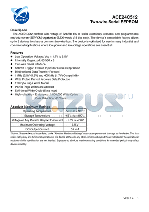 ACE24C512 datasheet - Two-wire Serial EEPROM