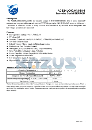 ACE24LC04 datasheet - Two-wire Serial EEPROM