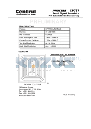 CP767 datasheet - Small Signal Transistor PNP- Saturated Switch Transistor Chip
