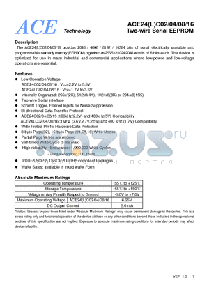 ACE24LC16 datasheet - Two-wire Serial EEPROM