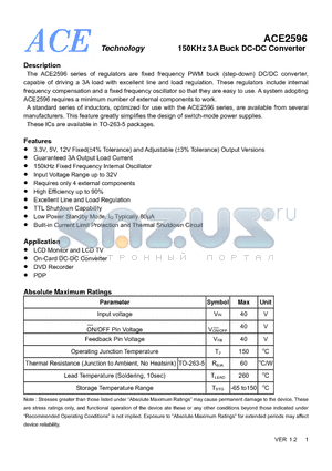 ACE2596 datasheet - 150KHz 3A Buck DC-DC Converter