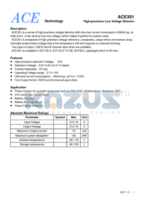 ACE301C12BM+ datasheet - High-precision Low Voltage Detector