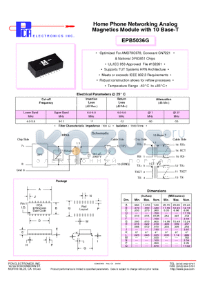 EPB5036G datasheet - Home Phone Networking Analog Magnetics Module with 10 Base-T