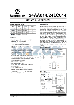 24LC014T-I/OT datasheet - 1K I2C Serial EEPROM