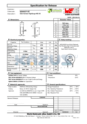 820442711E datasheet - Disk Varistor HighSurge WE-VD