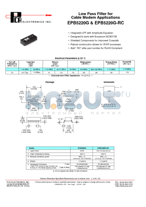 EPB5220G datasheet - Low Pass Filter for Cable Modem Applications
