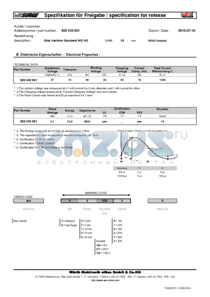 820543001 datasheet - Disk Varistor Standard WE-VD