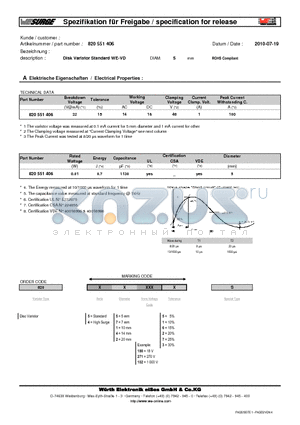 820551406 datasheet - Disk Varistor Standard WE-VD