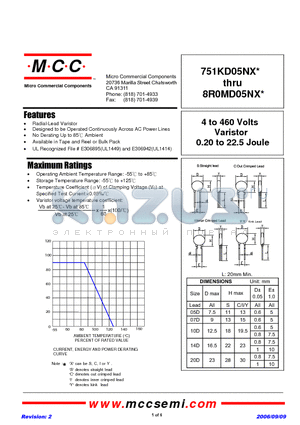 820KD05NX datasheet - 4 to 460 Volts Varistor 0.20 to 22.5 Joule