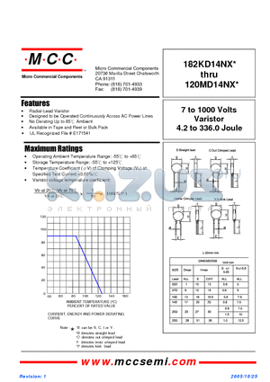 820KD14NX datasheet - 7 to 1000 Volts Varistor 4.2 to 336.0 Joule