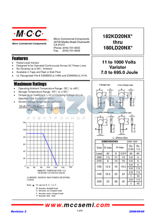 820KD20NX datasheet - 11 to 1000 Volts Varistor 7.0 to 695.0 Joule