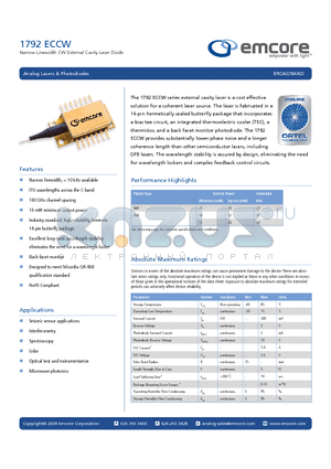 1792-PMF-40-15-50-SA datasheet - Narrow Linewidth CW External Cavity Laser Diode