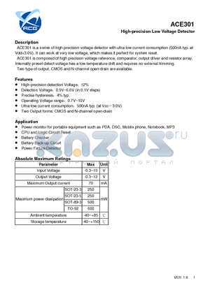 ACE301X09XX+ datasheet - High-precision Low Voltage Detector