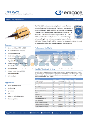 1792-PMF-51-10-10-FA datasheet - Narrow Linewidth CW External Cavity Laser Diode