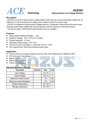 ACE301X37XX+ datasheet - High-precision Low Voltage Detector