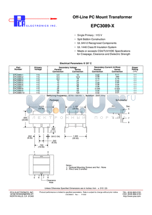 EPC3089-6 datasheet - Off-Line PC Mount Transformer