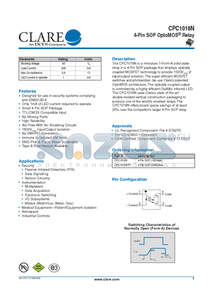 CPC1018NTR datasheet - 4-Pin SOP OptoMOS^ Relay