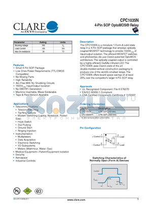 CPC1035NTR datasheet - 4-Pin SOP OptoMOS^ Relay
