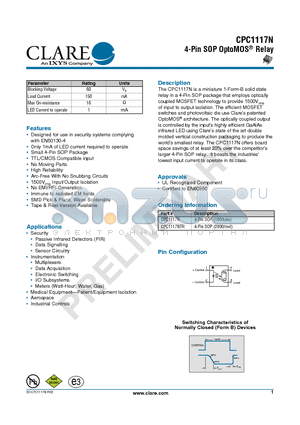 CPC1117N datasheet - 4-Pin SOP OptoMOS Relay