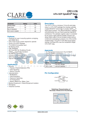 CPC1117N_1 datasheet - 4-Pin SOP OptoMOS^ Relay