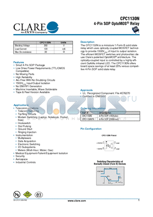 CPC1130N datasheet - 4-Pin SOP OptoMOS Relay