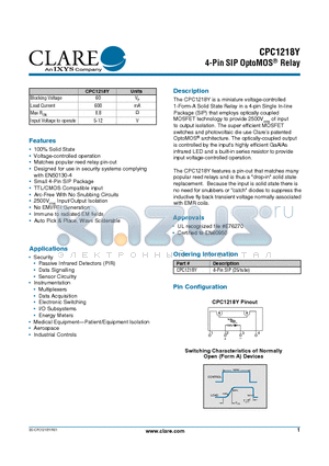 CPC1218Y datasheet - 4-Pin SIP OptoMOS Relay