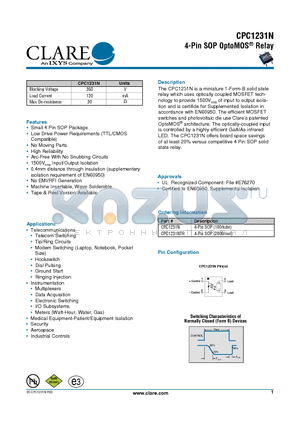 CPC1231N datasheet - 4-Pin SOP OptoMOS Relay