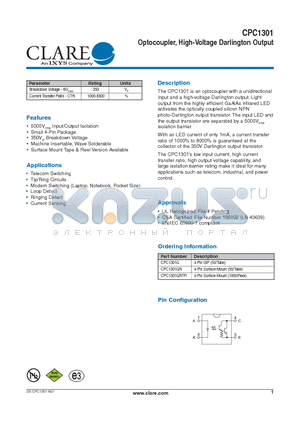 CPC1301 datasheet - Optocoupler, High-Voltage Darlington Output