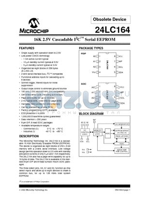24LC164T-I/SNQTP datasheet - 16K 2.5V Cascadable I2C Serial EEPROM