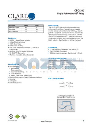 CPC1390GR datasheet - Single Pole OptoMOS^ Relay