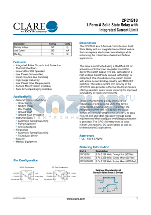 CPC1510 datasheet - 1-Form-A Solid State Relay with Integrated Current Limit