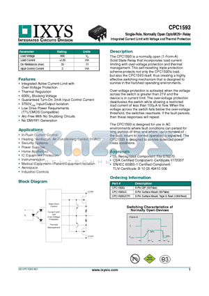 CPC1593 datasheet - Single-Pole, Normally Open OptoMOS^ Relay Integrated Current Limit with Voltage and Thermal Protection