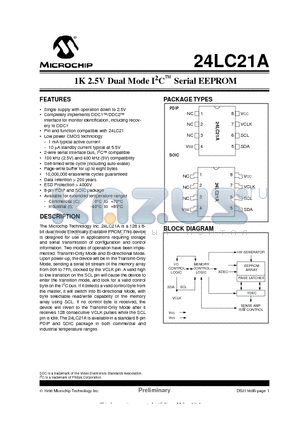 24LC21A-IP datasheet - 1K 2.5V Dual Mode I 2 C  Serial EEPROM