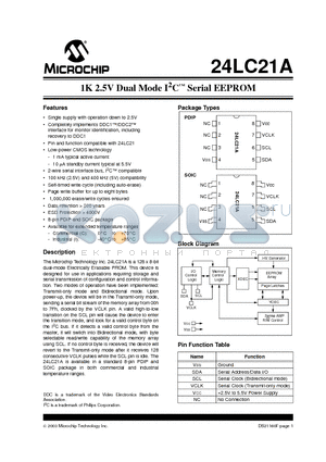 24LC21A1T-I/P datasheet - 1K 2.5V Dual Mode I 2 C Serial EEPROM