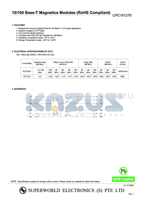 CPC161270 datasheet - 10/100 Base-T Magnetics Modules