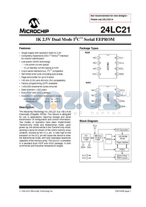 24LC21_13 datasheet - 1K 2.5V Dual Mode I2C Serial EEPROM