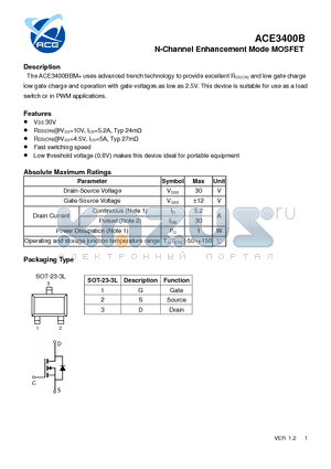 ACE3400B datasheet - N-Channel Enhancement Mode MOSFET