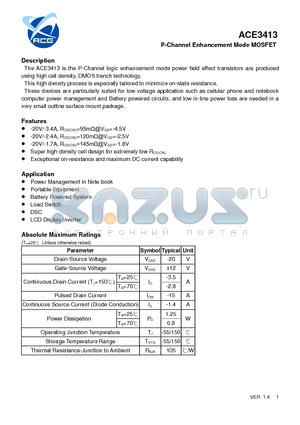 ACE3413 datasheet - P-Channel Enhancement Mode MOSFET