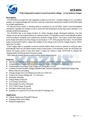 ACE4054 datasheet - Fully integrated constant current/constant voltage Li-ion battery charger