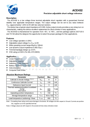 ACE432 datasheet - Precision adjustable shunt voltage reference